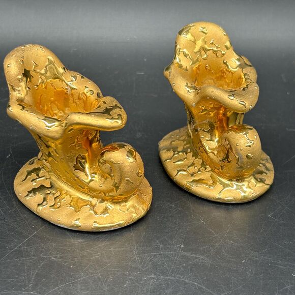 Pair Candle Stick Holders Gold Cornucopia Horn of Plenty - Picture 1 of 3